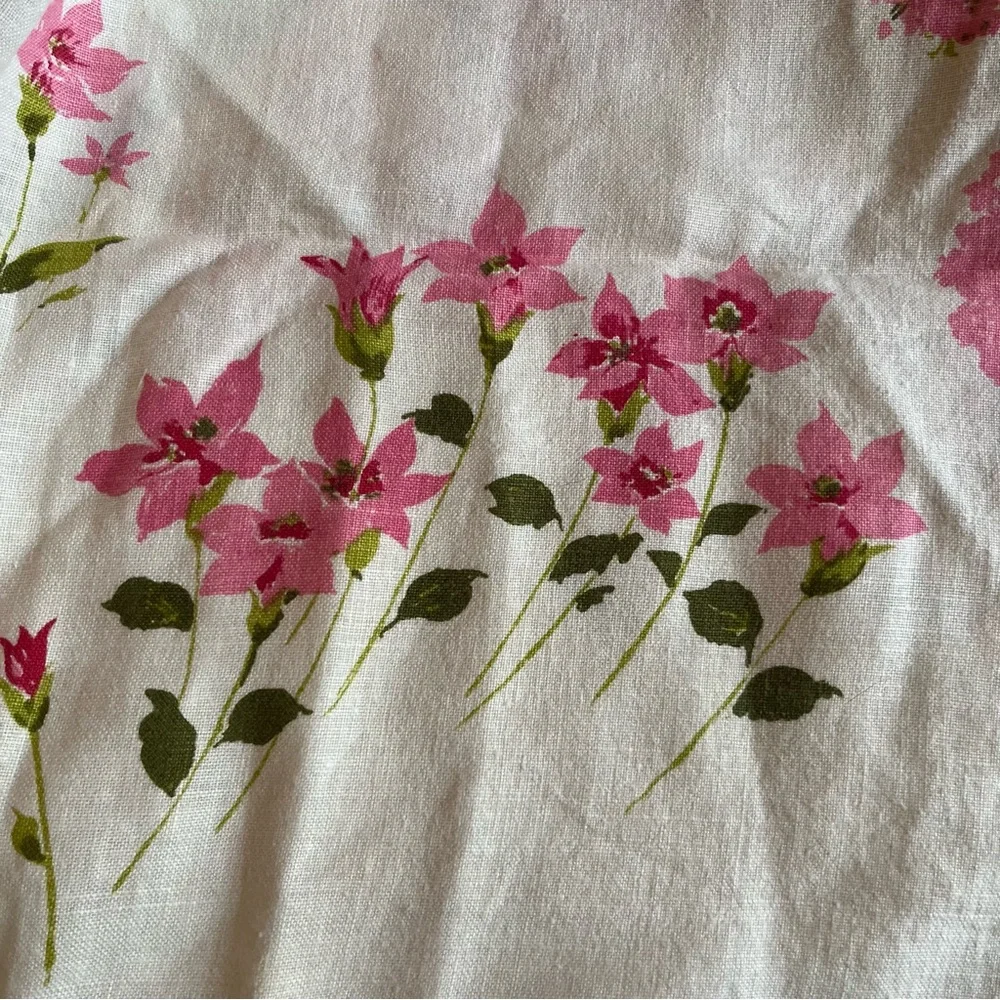 Vintage Linen Square Tablecloth with Pink Flowers